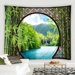 Tapestries Chinese Style Garden Tapestry Greenery Bamboo Flower Outdoor Arched Door Nature Landscape Living Room Background Dormitory Mural