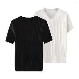 Men's T Shirts Men Short-sleeve Knitted Top Casual Loose Fit Summer V Neck Ice Silk Pullover Breathable Striped For Daily