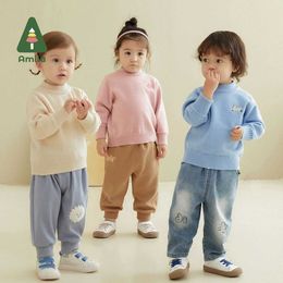 Pullover Amila Baby Sweater 2023 Spring New Solid Colour Turtleneck Plain Boys and Girls All-match Cartoon Embroidery Childrens ClothesL2405