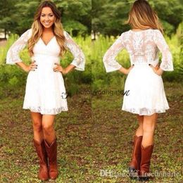 Modest Short Lace Cowgirls Country Wedding Dresses with 3 4 Long Sleeves Mini Bridal Gowns Reception Dress for Wedding Gowns257j