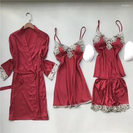 Women's Sleepwear Spring Sexy Women Silk Lace Trim Pajamas Sets With Chest Pads Pijama 4/2/1 Pieces Spaghetti Strap Satin Pyjamas