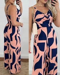 2024 new women printed V-neck halter halter waist wide leg jumpsuit Women's Jumpsuits & Rompers nah