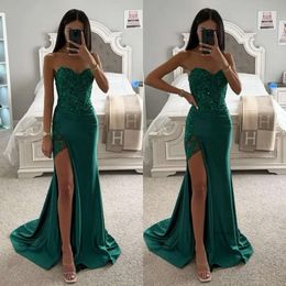 Emerald Green Mermaid Prom Sweetheart Satin Evening Dress Elegant Bone Bodice Pleats Split Formal Long Special Ocn Party Dress Promdress Robe De Soiree 0515