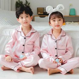 Pajamas New pink pajamas for childrens spring and autumn long sleeved silk sets for boys and girls cardigan top+boys size 8-18 d240515