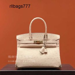 Genuine Leather Handbag BK Master Handmade Handheld Womens Bag Platinum Bag Ostrich Skin Wool White