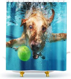 Shower Curtains Funny Swimming Dog Cute Animal Pet Playing Ball In Blue Water Polyester Fabric Bathroom Curtain