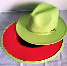 2020 Trend Lime Green and Red Patchwork Womens Men Wide Brim Felt Hats Lady Panama Vintage Unisex Fedora Hat Jazz Cap L XL1974317