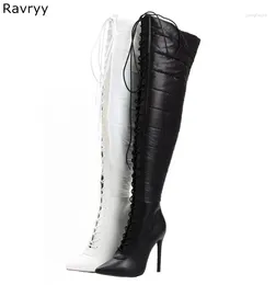 Boots 2024 Winter Fashion Warm Down Woman Long Cross-tied Black White Over-the-knee Pinted Toe Female Motorcycle Booties