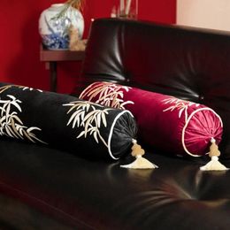 Pillow Chinese Bamboo Leaf Embroidery Column Round Bed Roll Chic Decorative Spine Lumbar Throw Retro Sofa Chair Decro
