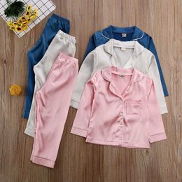 Pajamas 2 pieces of silk satin pajamas for toddlers babies boys and girls long sleeved solid button pajamas satin set for childrens pajamas pajamas d240515