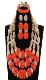 Earrings Necklace Orange Coral Beads Pendant African Wedding Jewellery Set Dubai Gold Nigeria Bride Handmade NCL13288695995730646