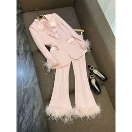 Fashion Women Pink Ostrich Hair Patchwork V Neck Two-piece Designed Office Lady Business Suit240514