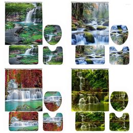 Shower Curtains 3D Waterfall Scenery Waterproof Curtain Set Bathroom Landscape Forest Trees Bath Mats Pedestal Rug Toilet Cover