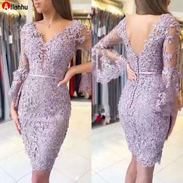 NEW Latest Charming Short Lavender Lace Applique Mother Of The Bride Dresses Long Sleeve V Neckline Wedding Guest Gowns Back Out 0515