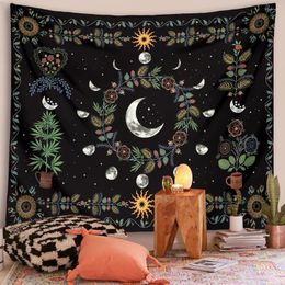 Tapestries Moon Phase Floral Tapestry Wall Hanging Celestial Flower Sun Starry Black Bohemia Mandala Carpets Dorm Home Decor