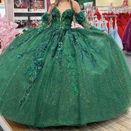 Emerald Green Shiny Princess Quinceanera Dress Off The Shoulder Ball Gown Lace Applique Beading Tull Corset Sweet 16 Vestido 15 De Anos
