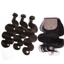 Wefts Brazilian Body Wave Hair Bundle With Silk Base Closure Unprocessed Virgin Human Hair Weaves Extensions Weft with Closure 4pcs/Lot