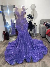 Purple O Neck Long Prom Dress For Black Girls 2024 Sparkly Beaded Crystal Rhinestone Birthday Party Dresses Sequin Evening Gowns