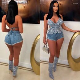 Two Pieces Denim Outfits Sexy Women Shiny Butterfly Crop Top Shorts Chic Streetwear Summer Holiday Beach Wear Cover-ups