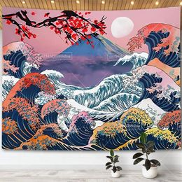 Tapestries Japanese Wave Tapestry Kanagawa Great Tapestrys Cherry Blossoms Aesthetic Living Room Decor Home Wallpapers