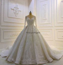 White Wedding Dresses Ivory Bridal Gowns A Line O-Neck Long Sleeve Floor-Length Tulle Applique Beaded Custom Zipper Lace Up Plus Size New