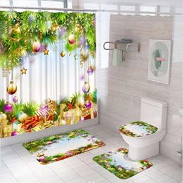 Shower Curtains Christmas Curtain Sets Non-Slip Rug Toilet Lid Cover Bath Mats Ball Pine Tree Branch Xmas Ornament Fabric Bathroom Decor