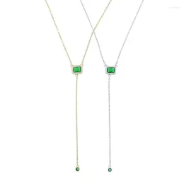 Pendants Real 925 Serling Silver Green Square Drop CZ Cubic Zircon Sexy Y Lariat Long Clavicle Chain Multi Layer Choker Necklace Jewellery