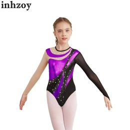 Dancewear Kids Girls Figure Skating Bodysuit Ballet Dance Gymnastics Leotard Long Sleeve Shiny Metallic Contrast Mesh Jumpsuit DancewearL240502
