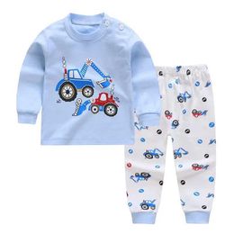 Pyjamas 2024 New Childrens Boys and Girls Pyjama Set Cartoon Printed Long sleeved Cute T-shirt Top with Pants Preschool Baby Pyjama Set d240515
