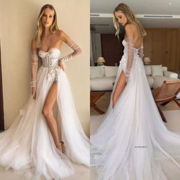 Boho A Line Wedding Dresses Illusion Sleeves Appliques Slit Tulle Designer Wedding Bridal Gowns 0515
