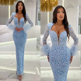 Gorgeous Lace Blue Mermaid Evening Dresses Elegant Long Sleeves Pearls Prom Dress Feathers Cuff Formal Dresses For Women 0515