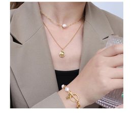 Titanium With 18 K Gold Layered Chain Geo Real Pearl Necklaces Women Jewellery Punk Designer Club Cocktail Party Japan 240515