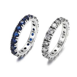 Wedding Rings Blue and transparent sparkling eternal row ring suitable for authentic S925 sterling silver womens Jewellery girls birthday party wedding gift Q240514