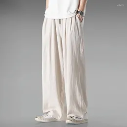 Men's Pants 2024 Men Solid Colour Elastic Lightweight Cotton Linen Summer Casual Loose Straight Breathable Trousers Wide-leg