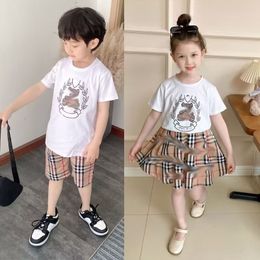 2024 Summer High-quality Leisure Western Style Two-piece Short-sleeved Skirt for Children and Children Cool Brothers and Sisters Set