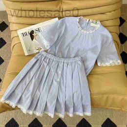 Basic & Casual Dresses designer High end MIU Home Summer Refreshing Blue Stripe Round Neck Top Lace Edge Half Skirt Set J8KZ