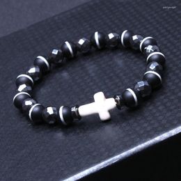 Strand Men Bracelets Hematite And Black Onyx Cross Beads Friendship Lovers Couples Elastic Rope Bracelet Jewelry Gift