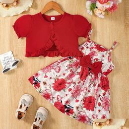 Clothing Sets 2Pcs Children Girls Clothes Set Sling Floral Dress Solid Short Sleeves Overcoat Costume Summer For Kids Girl 16 Years Dh6Fc