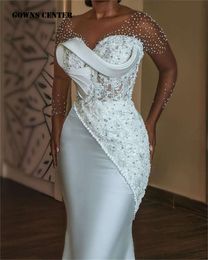 White Pearls Beaded Mermaid African Wedding Dress Mesh Long Sleeves Aso Ebi Engagement Gowns Corset Fish Bones vestidos