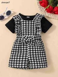 Top Baby Solid Tee Houndstooth Ruffle Trim Bow Front Overall Shorts Two piece set Solid Colour T-shirt and contrasting plaid dress