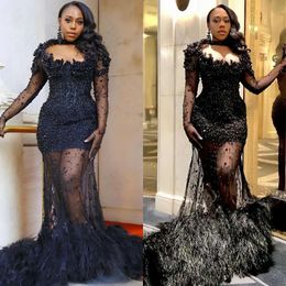 Gorgeous Mermaid Prom Dress Black Pearls Illusion Long Sleeves Evening Elegant Feathers Train African Formal Dresses For Women 0515