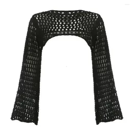 Women's Sweaters Women Y2k Crochet Knit Hollow Out Crop Top Long Flared Sleeve Shrug Sweater Mesh Cover Ups Cardigan Streetwear Pullover