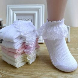 Kids Socks 5 pairs/batch of baby girls childrens lace pleated socks princess net childrens ankle short breathable cotton white pink blue childrens socks d240515