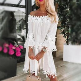 Casual Dresses Off Shoulder Lady Summer Dress Lace Stitching Trumpet Sleeve Beach Slash Neck Three Quarter Sleeves Women Clothes