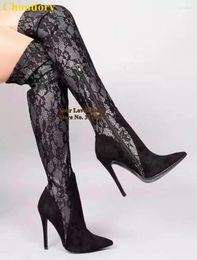 Boots Choudory Black Lace Flowers Over The Knee Pointed Toe Suede Patchwork Thigh High Floral Zipper Dress Shoes Tall Boot