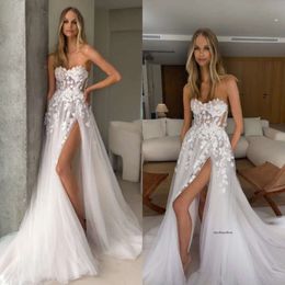 Boho A Line Wedding Dresses Bone Bodice Appliques Sweetheart Slit Tulle Designer Wedding Bridal Gowns 0515