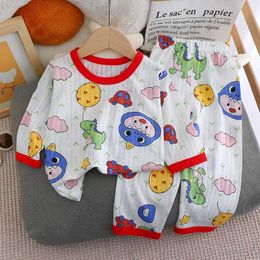 Pyjamas 2024 New Childrens Boys and Girls Summer Pure Cotton Thin Pyjamas Cute Cartoon Printed Long sleeved T-shirt Top+Pants Baby Clothing Set d240515