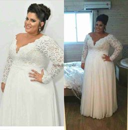 Bohemian Plus Size Wedding Dresses 2021 Cheap Long Sleeve V Neck A Line Lace Bridal Gowns Floor Length Beach Wedding Dress