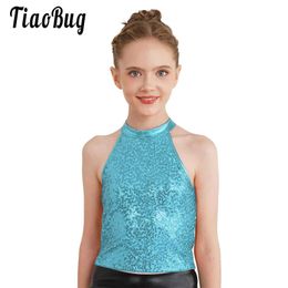 Vest Sparkling sequin suspenders for children and girls crop top cheerleading jazz dance vest sleeveless vest top girl stage performanceL240502