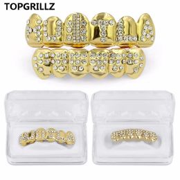 Grills TOPGRILLZ Gold Color Plated Iced Out Letter CZ Stone Hip Hop Teeth For Mouth GRILLZ Caps Top & Bottom Grills Set Classic tooth